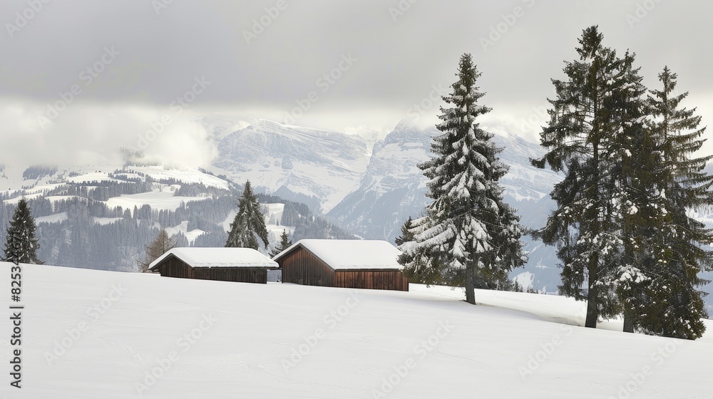 Serene Winter Landscape Amidst Majestic Mountains Serene Winter Landscape Amidst Majestic Mountains