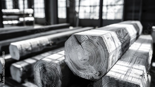 Industrial Lumber Yard Scene, Black and White Photograph