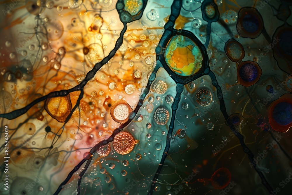 Vibrant macro photo of oil droplets on water creating a mesmerizing abstract pattern