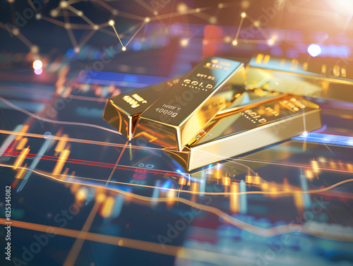 Gold bars reflecting light, positioned on a digital financial graph, representing high value and investment