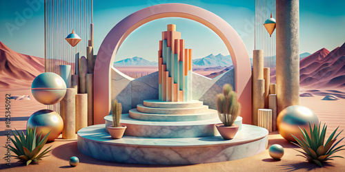 Surreal desert landscape is represented by geometric shapes and structures, marble-like textures and pastel colours. In the centre, a stepped structure with vertical elements is framed by an arch.AI  photo