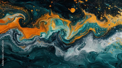 An abstract painting featuring blue, yellow, and black hues with white and orange swirls at its base