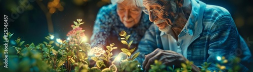 An older couple gardening together, with holographic plants representing their shared memories and experiences, glowing softly, Fantasy, 3D Rendering photo