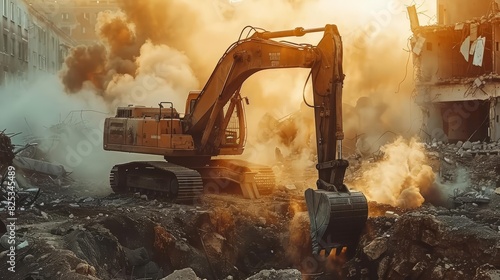 A large excavator is tearing down a building. The sun is setting behind the building, casting a long shadow over the scene. The excavator is silhouetted against the sky. photo