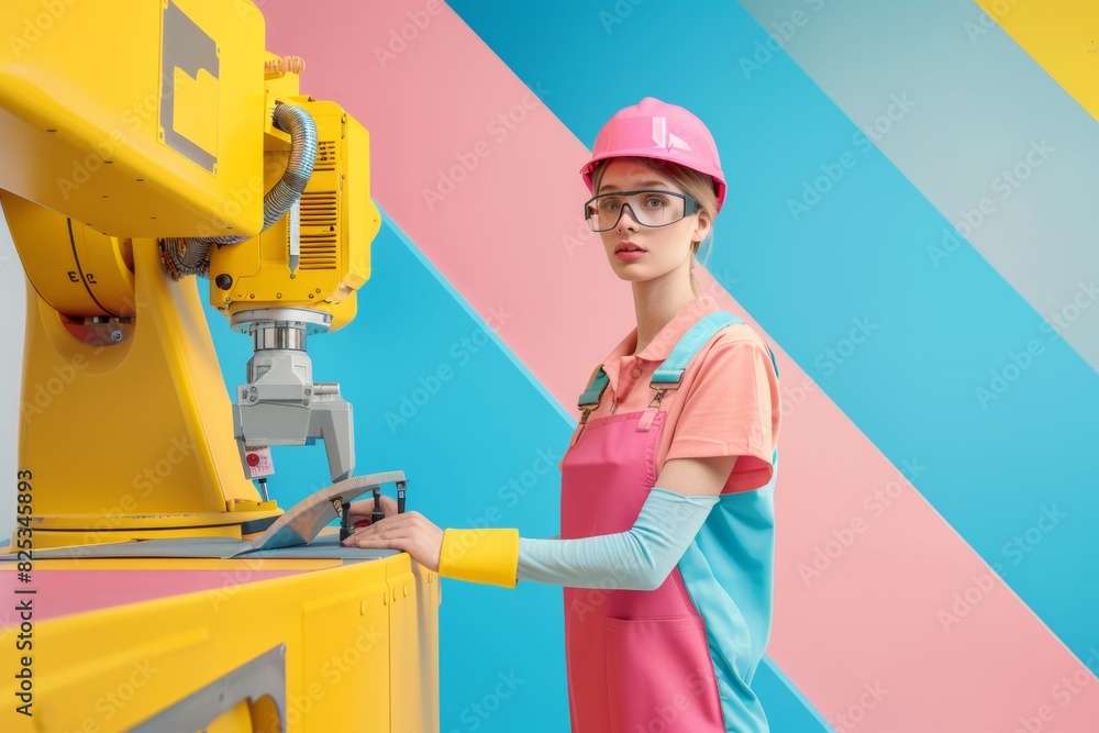Female Engineer and Robot Team Up in High-Tech Manufacturing Environment Female Engineer and Robot Team Up in High-Tech Manufacturing Environment
