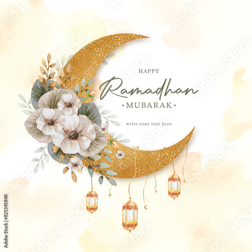 ramadhan mubarak greeting card with crescent moon and white flowers ornament painting background