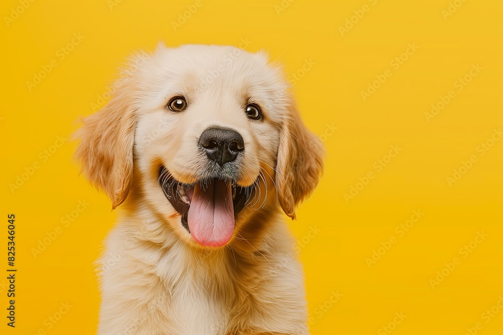 Golden retriever puppy with a joyful expression on a bright yellow background, studio shot