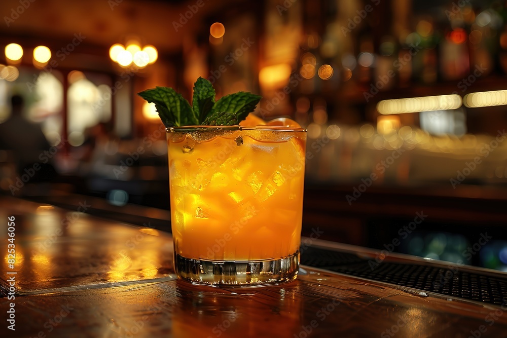 A glass of orange drink with a green leaf on top A glass of orange drink with a green leaf on top