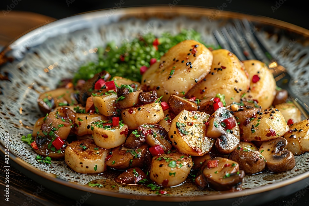 A plate of food with mushrooms and potatoes A plate of food with mushrooms and potatoes