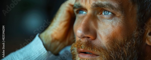 Closeup of a man leaning forward, hand to ear, focused expression, natural light, high resolution, trying to hear, stock photo