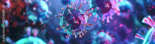 Close-up of a coronavirus particle with vivid colors, showcasing the structure of COVID-19 in a microscopic view. Virology and pandemic concept. photo