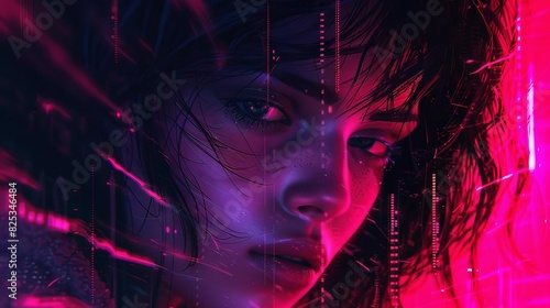 young womans portrait under neon light moody cyberpunkinspired digital illustration