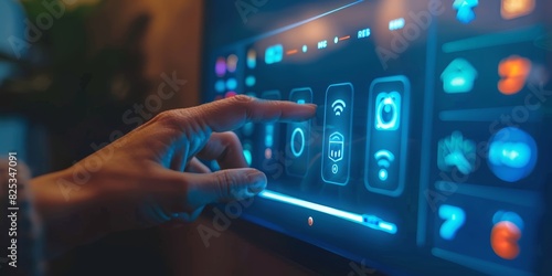 Closeup of a hand interacting with a smart home device, detailed buttons and display, home setting, high resolution, smart home functionality, stock photography photo