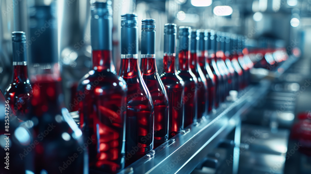A line of wine bottles are being made in a factory A line of wine bottles are being made in a factory
