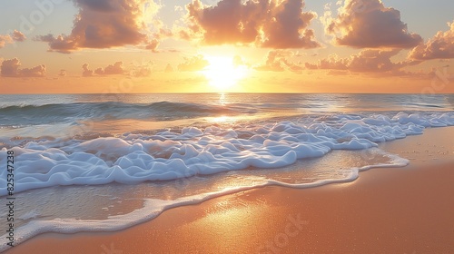 Serene beach destination sunrise with breaking wave crest and sea foam