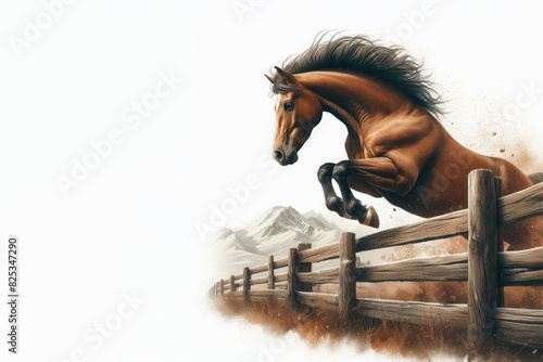 A horse jumping over a fence. Space for text.
