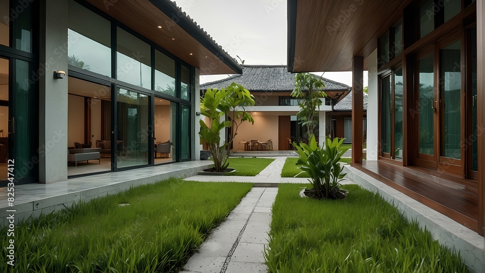 Modern Courtyard with Greenery and Glass Doors