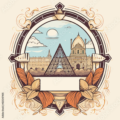 I love Paris. Image of Louvre Palace. Glass pyramid sticker. Paris in the background. France retro style drawings.