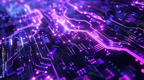 Abstract circuitry with glowing purple lines and geometric patterns. Background: Midnight blue. 8k, realistic, full ultra HD, high resolution, cinematic photography