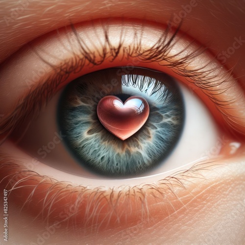 A love heart reflected in the pupil of the eye. Close-up.