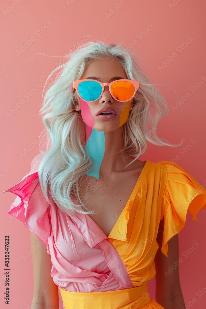 Vibrant Fashion Portrait: Young Caucasian Woman in Stylish Sunglasses and Colorful Blouse Against Pink Background Vibrant Fashion Portrait: Young Caucasian Woman in Stylish Sunglasses and Colorful Blouse Against Pink Background