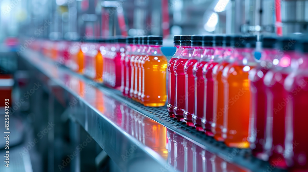Bottles of juice are being made on a production line