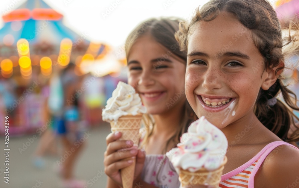 Joyful Young Girls Enjoying Ice Cream at a Summer Carnival, with Festive Lights and Rides in the Background Joyful Young Girls Enjoying Ice Cream at a Summer Carnival, with Festive Lights and Rides in the Background