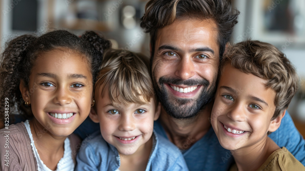 Multiracial Family Portrait: Smiling Father with Three Children Indoors, Happy Father's Day Concept. Generative ai Multiracial Family Portrait: Smiling Father with Three Children Indoors, Happy Father's Day Concept. Generative ai