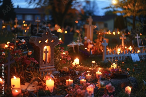 Tranquil scene of lit candles at dusk during a commemorative ceremony at a graveyard