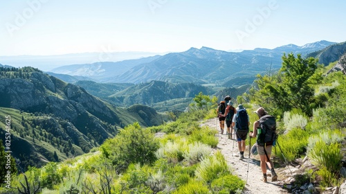 Aerial Shot of Mixed-Gender Hikers on Green Mountain Trail under Clear Blue Sky