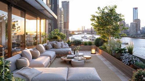 Luxury Urban Terrace with Comfortable Seating Overlooking Sunset Cityscape. Generative ai