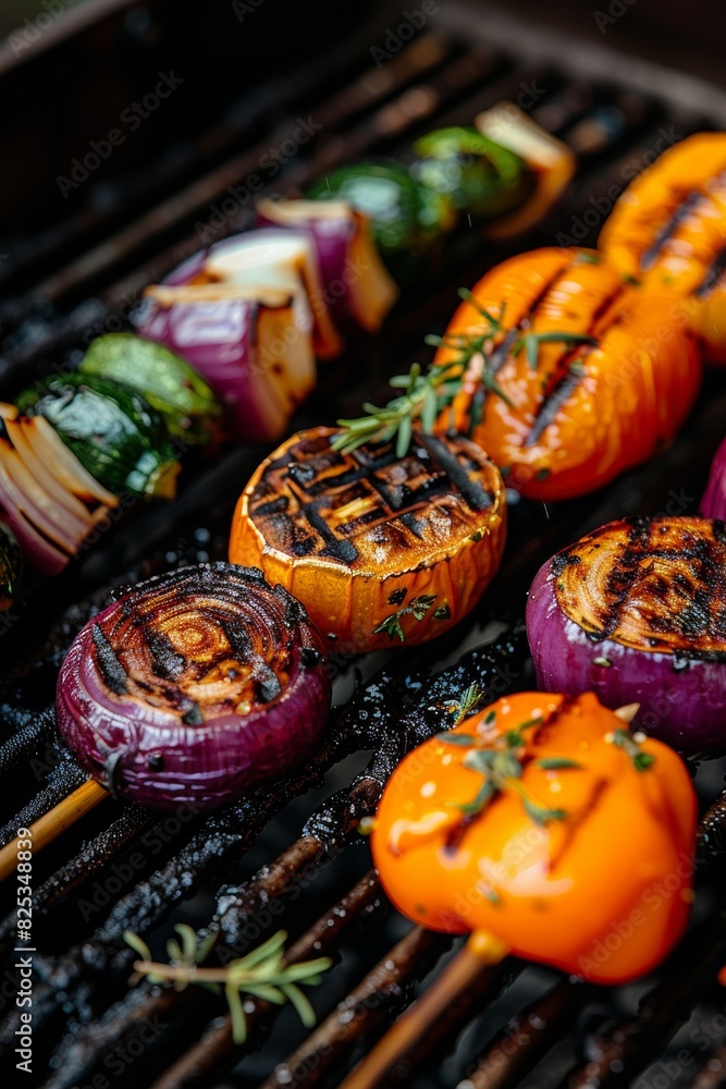Close-Up Shot of Rainbow Charred Vegetables on Grill: Celebrating Summer and Healthy Eating Close-Up Shot of Rainbow Charred Vegetables on Grill: Celebrating Summer and Healthy Eating