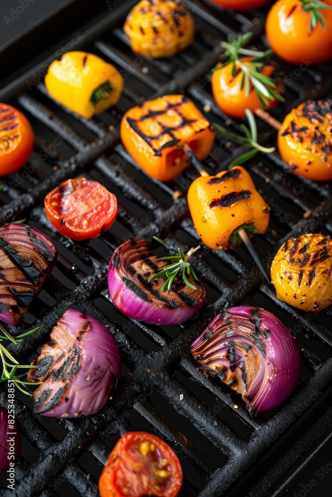Summer Grilling: Close-Up of Charred Vegetables on Grill, Highlighting Freshness and Colorful Appeal