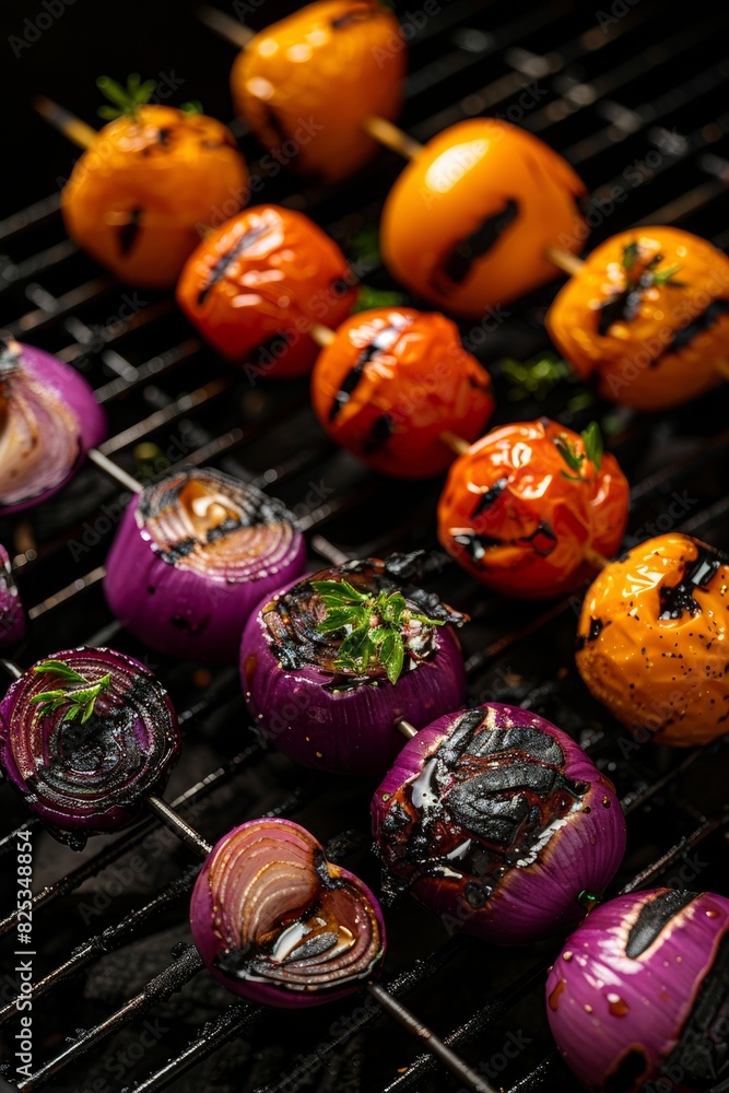 Summertime Grilled Vegetables: Vibrantly Charred Onions, Peppers, and Tomatoes on a Grill - Close-Up View