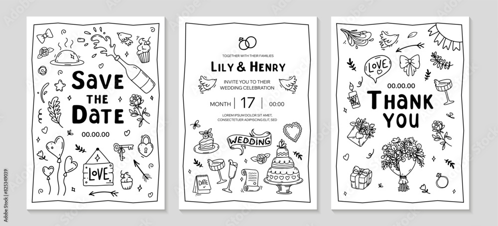 Trendy Wedding doodle invitation set. Hand drawn doodle Love and Feelings Background. Funny wedding posters template. including flowers, hearts, bouquet, champagne, arrows. Vector line illustration.