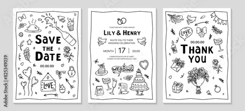 Trendy Wedding doodle invitation set. Hand drawn doodle Love and Feelings Background. Funny wedding posters template. including flowers, hearts, bouquet, champagne, arrows. Vector line illustration.