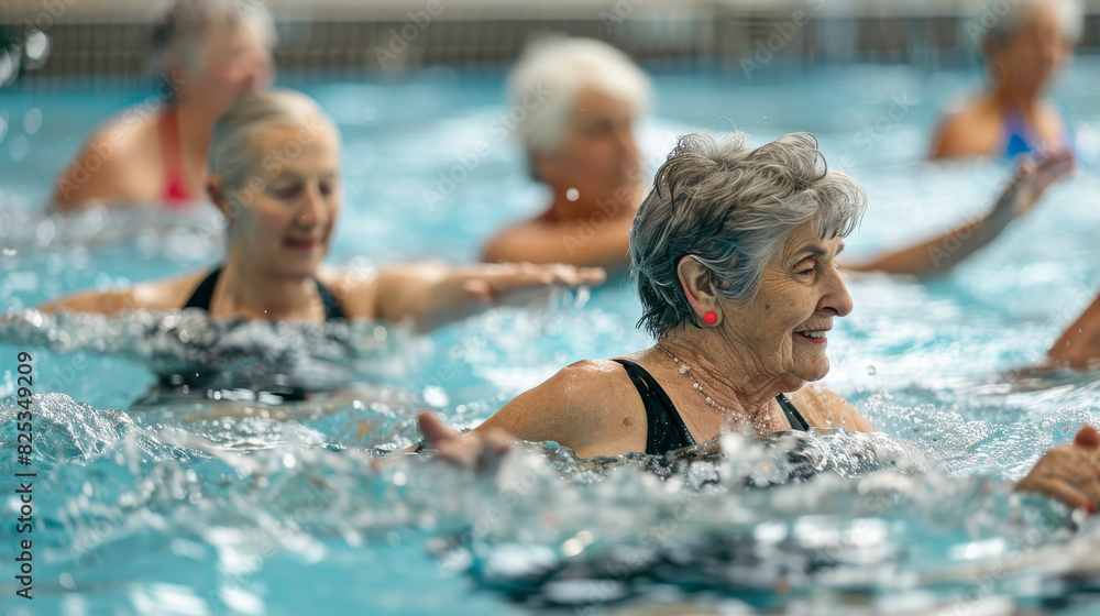 Obraz premium A group of older women are in a pool, laughing and splashing each other