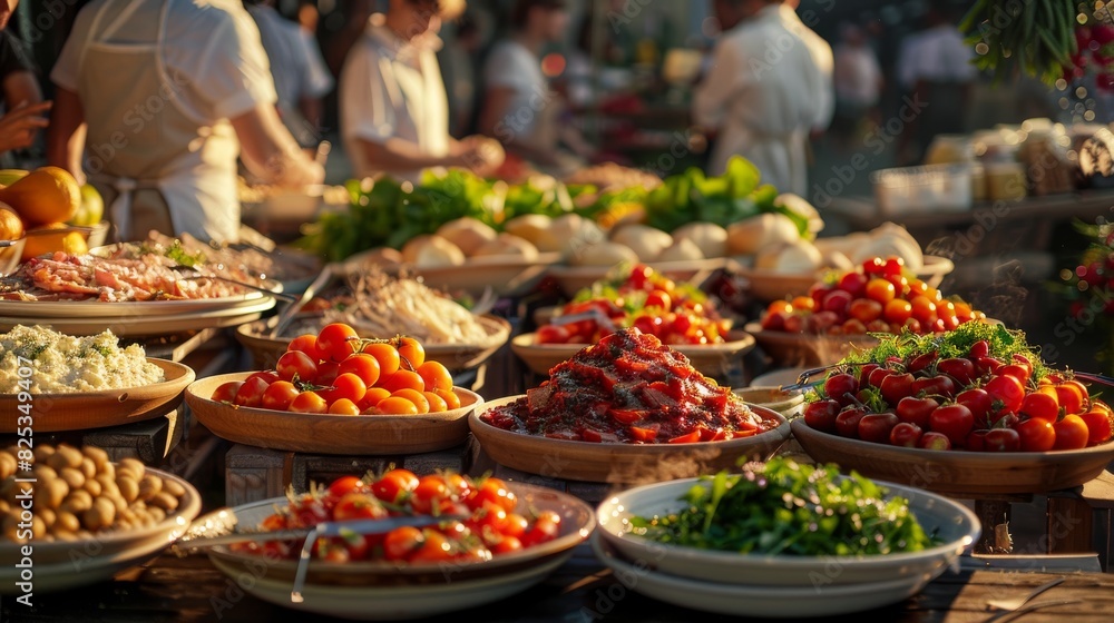 Bustling Outdoor Food Market Featuring Fresh Produce and Diverse Cuisine. Generative ai