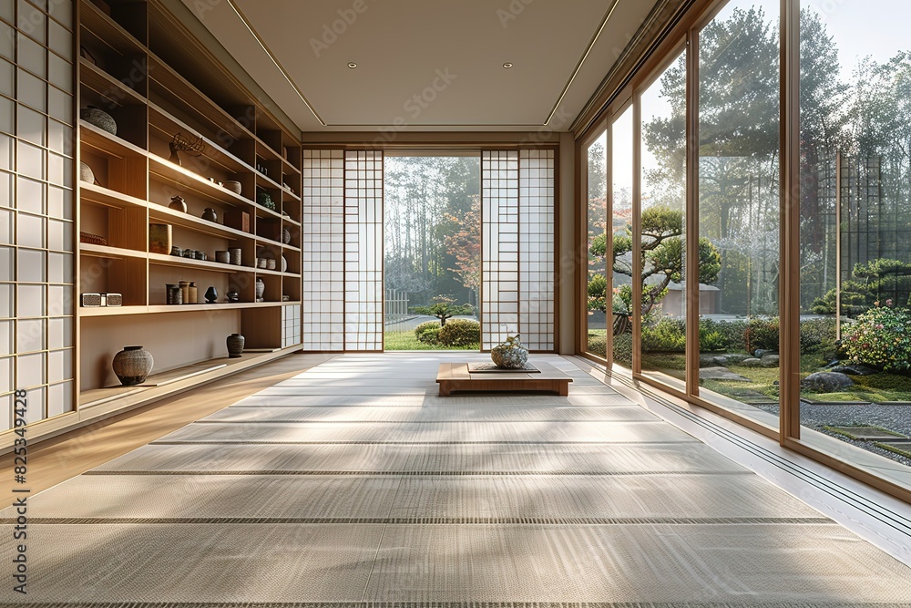 Obraz premium A large room with a lot of wood and a lot of windows