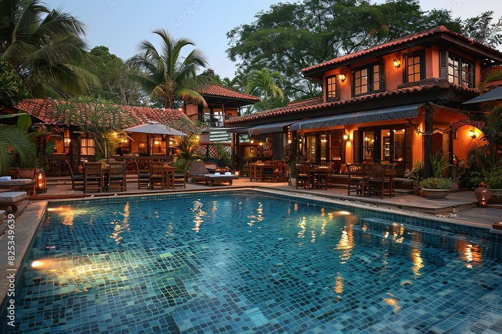 A large pool with a house in the background A large pool with a house in the background