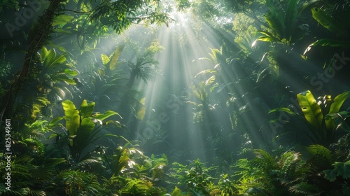 nature light filtering  sunlight shining through dense forest canopy  illuminating earthy tones and textures of natural surfaces below in a lush landscape