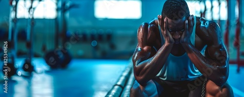 An athlete frustrated, sitting on the bench, head in hands, gym background, intense emotion, high detail, clear focus, sports theme, stock photo photo