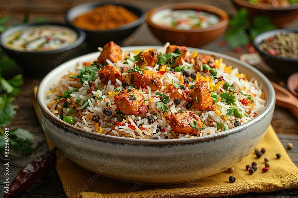 A bowl of rice with chicken and vegetables A bowl of rice with chicken and vegetables