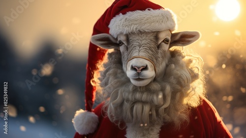 Portrait of a sheep in Santa hat. Christmas background. photo
