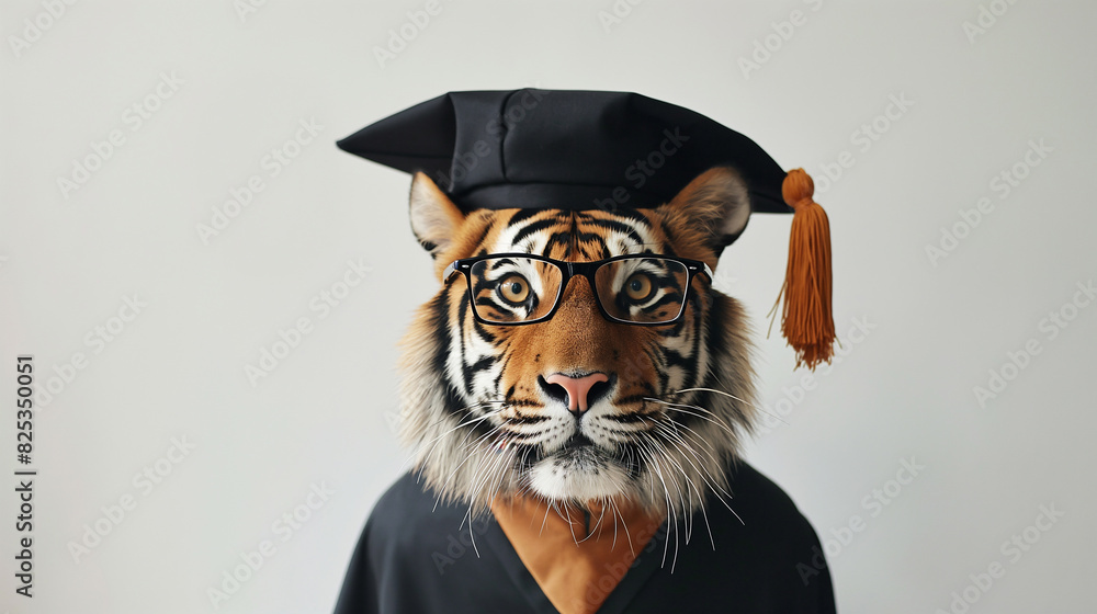 Portrait of tiger wearing a graduation cap and glasses.