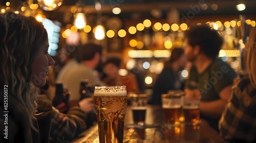 A lively scene of a pub crawl, with a defocused backdrop of twinkling particles -