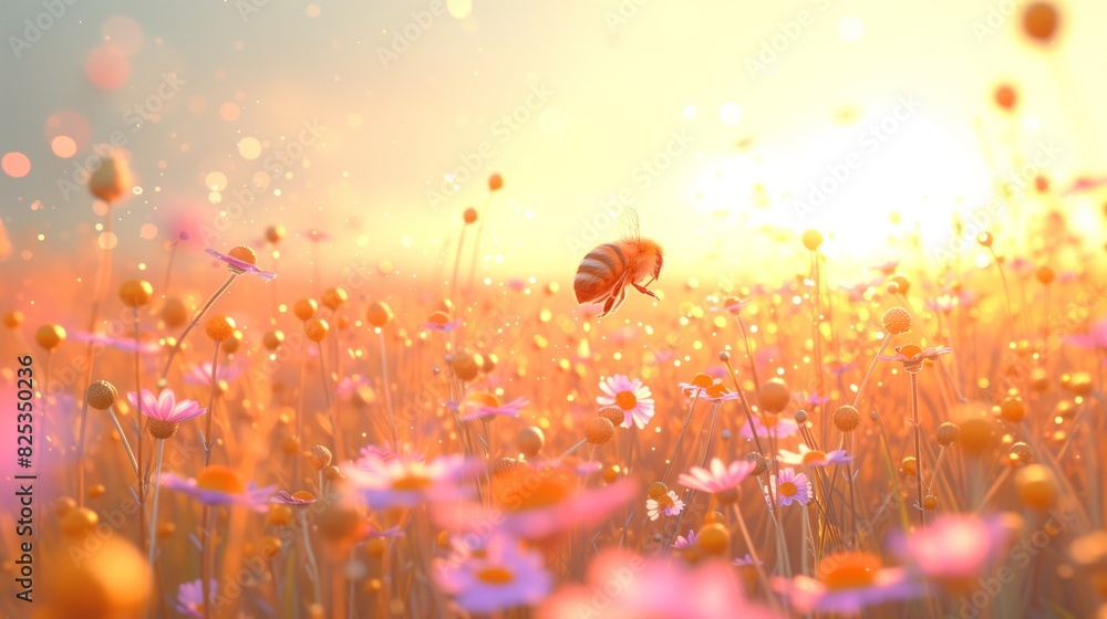 Bee in a glowing summer field.