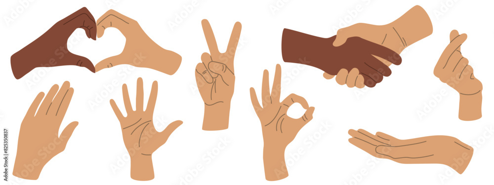 Set of hands in doodle style, human hands isolated, vector different hands of man and woman showing heart sign Set of hands in doodle style, human hands isolated, vector different hands of man and woman showing heart sign