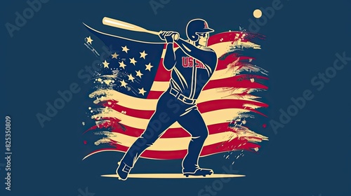 Illustration. Baseball logo with a batter man hitting a ball, USA theme.