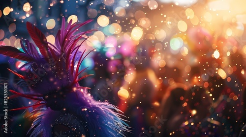 A lively scene of a samba parade during Carnival  with a defocused backdrop of twinkling particles -